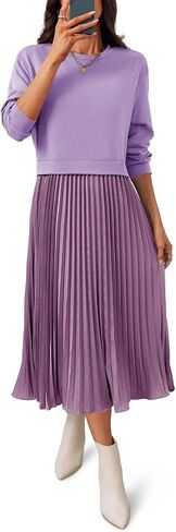 Wenrine Womens Sweatshirt Dress Casual Patchwork Long Sleeve Crewneck Pleated Fall Maxi Dresses in Saudi Arabia