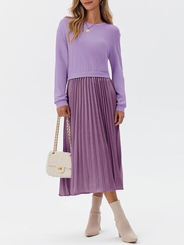 Wenrine Womens Sweatshirt Dress Casual Patchwork Long Sleeve Crewneck Pleated Fall Maxi Dresses in Saudi Arabia