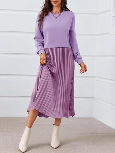 Wenrine Womens Sweatshirt Dress Casual Patchwork Long Sleeve Crewneck Pleated Fall Maxi Dresses in Saudi Arabia