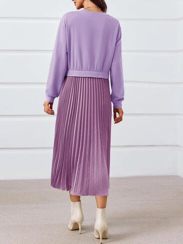 Wenrine Womens Sweatshirt Dress Casual Patchwork Long Sleeve Crewneck Pleated Fall Maxi Dresses in Saudi Arabia