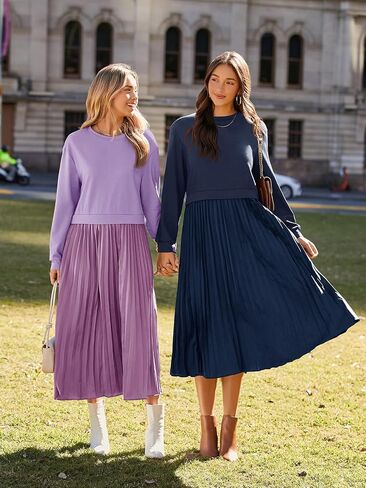 Wenrine Womens Sweatshirt Dress Casual Patchwork Long Sleeve Crewneck Pleated Fall Maxi Dresses in Saudi Arabia