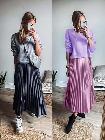 Wenrine Womens Sweatshirt Dress Casual Patchwork Long Sleeve Crewneck Pleated Fall Maxi Dresses in Saudi Arabia