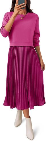 Wenrine Womens Sweatshirt Dress Casual Patchwork Long Sleeve Crewneck Pleated Fall Maxi Dresses in Saudi Arabia