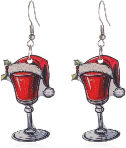 Christmas Red Wine Glass Earrings for Women Christmas Hats Dangle Earrings Acrylic Christmas Earrings Red Christmas Earrings Christmas Holiday Earrings Christmas New Year Party Jewelry in Saudi Arabia