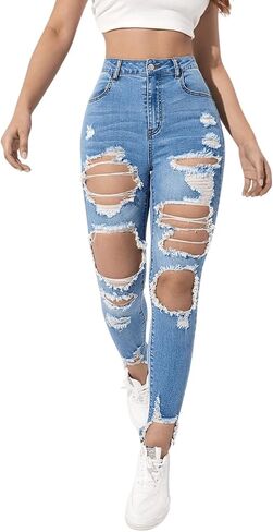 بنطال جينز WDIRARA النسائي ذو الخصر العالي والممزق بحاشية خام ممزقة in Kuwait