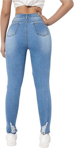 بنطال جينز WDIRARA النسائي ذو الخصر العالي والممزق بحاشية خام ممزقة in Kuwait