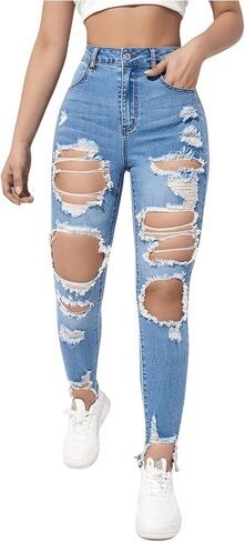 بنطال جينز WDIRARA النسائي ذو الخصر العالي والممزق بحاشية خام ممزقة in Kuwait