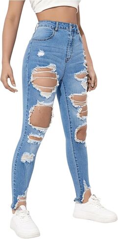 بنطال جينز WDIRARA النسائي ذو الخصر العالي والممزق بحاشية خام ممزقة in Kuwait