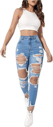 بنطال جينز WDIRARA النسائي ذو الخصر العالي والممزق بحاشية خام ممزقة in Kuwait