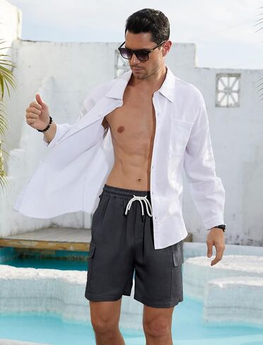 Men's 30% Linen Cargo Shorts Summer Casual Elastic Waist Drawstring Beach Shorts with Zipper Pocket Lightweight in Saudi Arabia