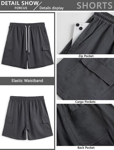 Men's 30% Linen Cargo Shorts Summer Casual Elastic Waist Drawstring Beach Shorts with Zipper Pocket Lightweight in Saudi Arabia