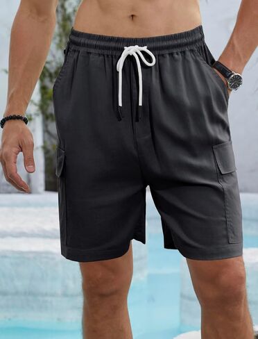 Men's 30% Linen Cargo Shorts Summer Casual Elastic Waist Drawstring Beach Shorts with Zipper Pocket Lightweight in Saudi Arabia