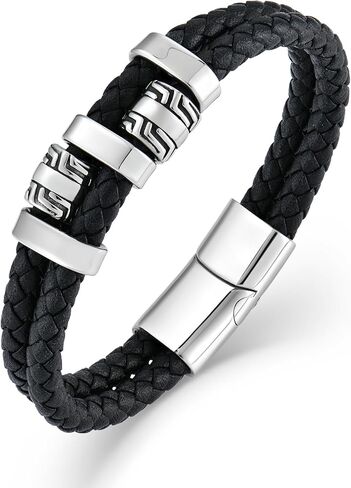 Men's Double Row Black Braided Leather Bracelet with Stainless Steel Ornaments Fashion Mens Wrap Cuff Wirstband Bracelets Stainless Steel Closure in Saudi Arabia