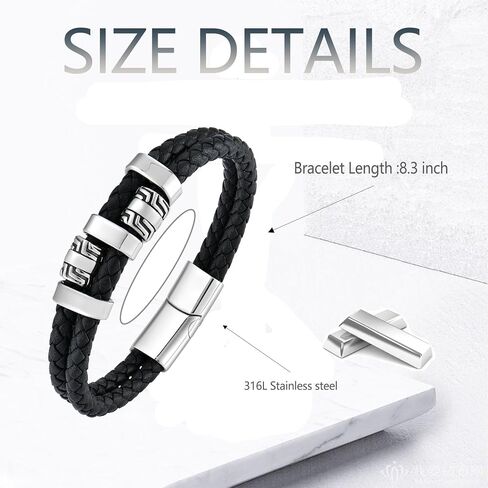 Men's Double Row Black Braided Leather Bracelet with Stainless Steel Ornaments Fashion Mens Wrap Cuff Wirstband Bracelets Stainless Steel Closure in Saudi Arabia