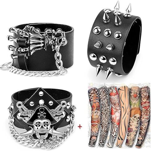 YARIEW 3 Pcs Spike Studded Rivet Punk Rock Biker Wide Strap Leather Bracelet Chain Wristband Rocker 80s Costumes for Men Adjustable + 6Pcs Temporary Tattoo Sleeves Halloween Party Favors Accessories in Kuwait