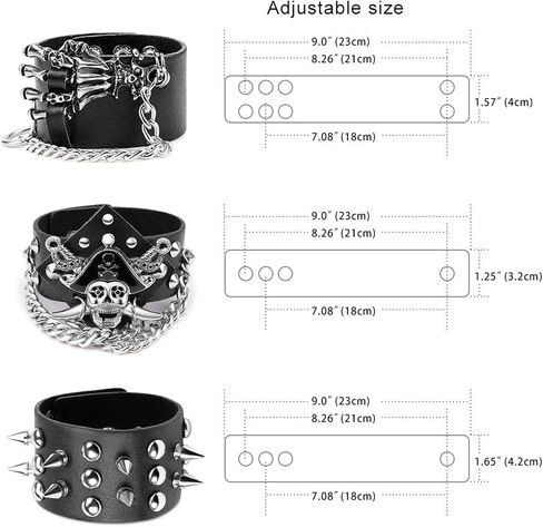 YARIEW 3 Pcs Spike Studded Rivet Punk Rock Biker Wide Strap Leather Bracelet Chain Wristband Rocker 80s Costumes for Men Adjustable + 6Pcs Temporary Tattoo Sleeves Halloween Party Favors Accessories in Kuwait