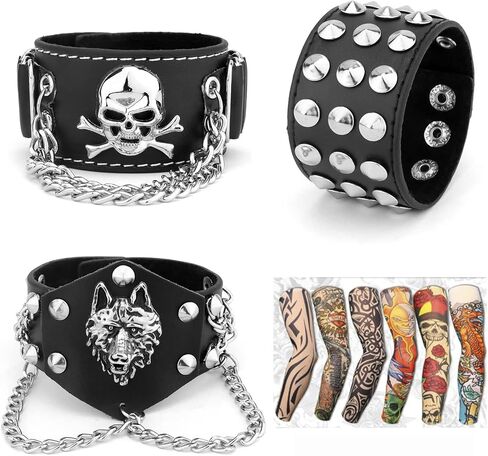 YARIEW 3 Pcs Spike Studded Rivet Punk Rock Biker Wide Strap Leather Bracelet Chain Wristband Rocker 80s Costumes for Men Adjustable + 6Pcs Temporary Tattoo Sleeves Halloween Party Favors Accessories in Kuwait