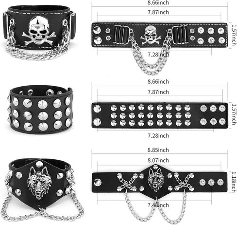 YARIEW 3 Pcs Spike Studded Rivet Punk Rock Biker Wide Strap Leather Bracelet Chain Wristband Rocker 80s Costumes for Men Adjustable + 6Pcs Temporary Tattoo Sleeves Halloween Party Favors Accessories in Kuwait