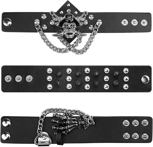 YARIEW 3 Pcs Spike Studded Rivet Punk Rock Biker Wide Strap Leather Bracelet Chain Wristband Rocker 80s Costumes for Men Adjustable + 6Pcs Temporary Tattoo Sleeves Halloween Party Favors Accessories in Kuwait