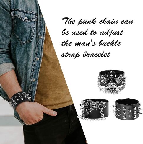 YARIEW 3 Pcs Spike Studded Rivet Punk Rock Biker Wide Strap Leather Bracelet Chain Wristband Rocker 80s Costumes for Men Adjustable + 6Pcs Temporary Tattoo Sleeves Halloween Party Favors Accessories in Kuwait