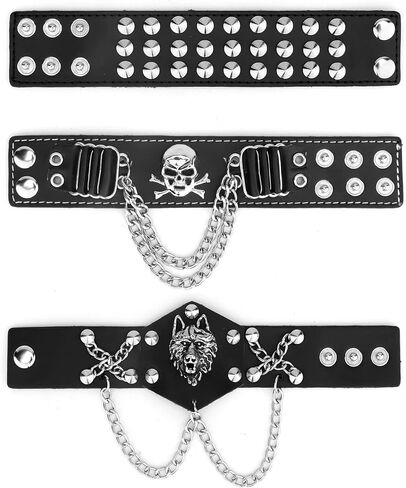YARIEW 3 Pcs Spike Studded Rivet Punk Rock Biker Wide Strap Leather Bracelet Chain Wristband Rocker 80s Costumes for Men Adjustable + 6Pcs Temporary Tattoo Sleeves Halloween Party Favors Accessories in Kuwait
