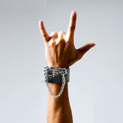 YARIEW 3 Pcs Spike Studded Rivet Punk Rock Biker Wide Strap Leather Bracelet Chain Wristband Rocker 80s Costumes for Men Adjustable + 6Pcs Temporary Tattoo Sleeves Halloween Party Favors Accessories in Kuwait