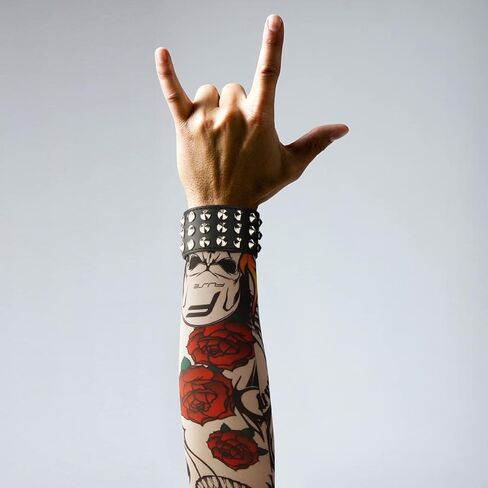 YARIEW 3 Pcs Spike Studded Rivet Punk Rock Biker Wide Strap Leather Bracelet Chain Wristband Rocker 80s Costumes for Men Adjustable + 6Pcs Temporary Tattoo Sleeves Halloween Party Favors Accessories in Kuwait