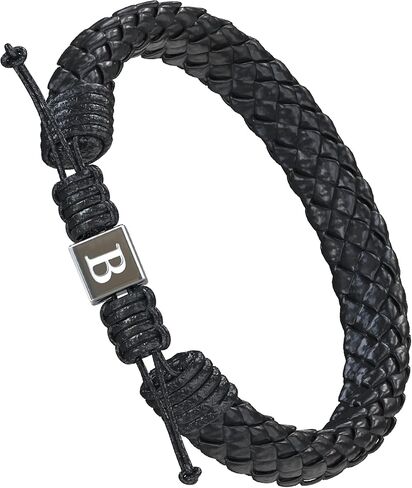 Men's Adjustable Leather Initial Bracelet | Genuine Woven Leather | A-Z Alphabet Letters Engraved on Stainless Steel Clasp in Saudi Arabia