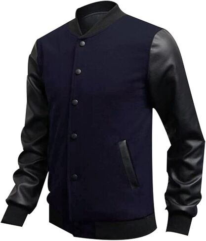 Men's Fashion Splicing Leather Sleeve Baseball Varsity Bomber Jacket in Saudi Arabia