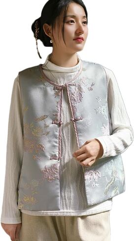 Ystylee Women's Fall Winter Vests Warm Soft Quilted Chinese Traditional Embroidered Tang Suit Sleeveless Outwear in Saudi Arabia