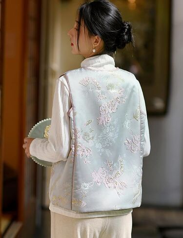 Ystylee Women's Fall Winter Vests Warm Soft Quilted Chinese Traditional Embroidered Tang Suit Sleeveless Outwear in Saudi Arabia