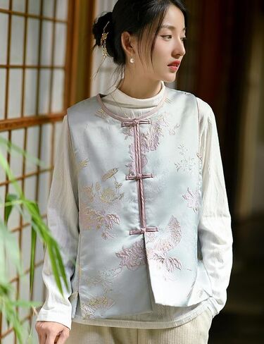 Ystylee Women's Fall Winter Vests Warm Soft Quilted Chinese Traditional Embroidered Tang Suit Sleeveless Outwear in Saudi Arabia