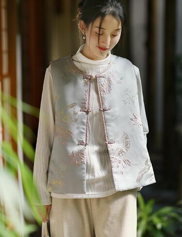 Ystylee Women's Fall Winter Vests Warm Soft Quilted Chinese Traditional Embroidered Tang Suit Sleeveless Outwear in Saudi Arabia