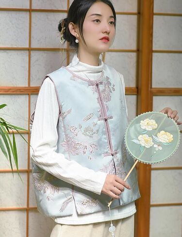 Ystylee Women's Fall Winter Vests Warm Soft Quilted Chinese Traditional Embroidered Tang Suit Sleeveless Outwear in Saudi Arabia