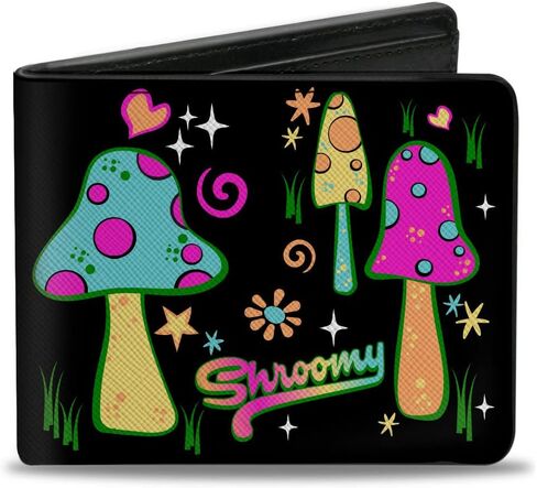 Buckle-Down Wallet, Bifold, Mushroom Shroomy Vibrant Garden Black Multi Color, Vegan Leather in Saudi Arabia