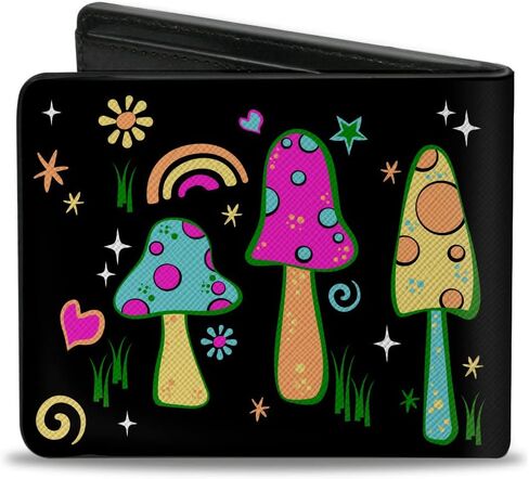 Buckle-Down Wallet, Bifold, Mushroom Shroomy Vibrant Garden Black Multi Color, Vegan Leather in Saudi Arabia