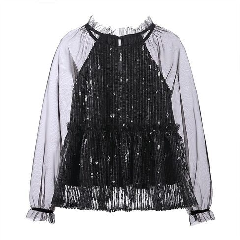 Girl Sequin Mesh Bloues Sparkle Ruffle Collar Long Sleeve Shirts Tops,5-12 Years in Kuwait
