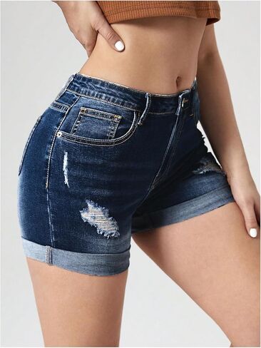 Women's Ripped Skinny Denim Shorts Zipper Distressed Straight Leg Jean Shorts with Pockets in Saudi Arabia