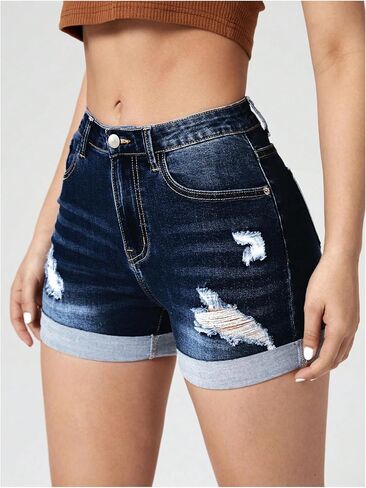 Women's Ripped Skinny Denim Shorts Zipper Distressed Straight Leg Jean Shorts with Pockets in Saudi Arabia