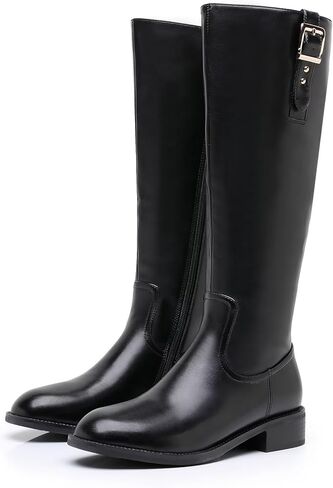 Riding Boots for Women Knee High Boots Round Toe Motorcycle Low Chunky Heel Boots for Women in Kuwait
