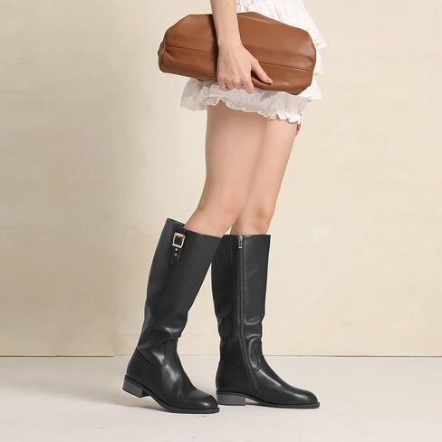 Riding Boots for Women Knee High Boots Round Toe Motorcycle Low Chunky Heel Boots for Women in Kuwait
