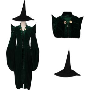 MENGZHAI Professor McGonagall Costume Green Dress Suit Women Velvet Robe Cloak Cape with Witch Hat Halloween Cosplay