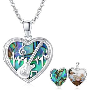 Guitar Photo Necklace 925 Sterling Silver Guitar Pendants Necklace That Holds Pictures,Personalized Guitar Locket Necklace Jewelry for Women