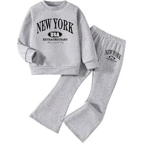 Verdusa Toddler Girl's 2 Piece Outfits Letter Print Crewneck Long Sleeve Sweatshirt and Flare Pants