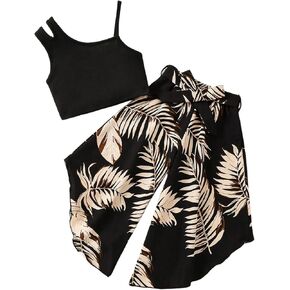 WDIRARA Girl's 2 Piece Outfits Asymmetrical Neck Sleeveless Tank Top and Belted Tropical Print Belted Pants Set