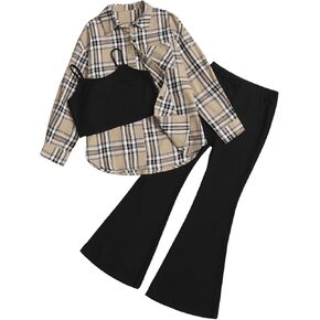 OYOANGLE Girl's 3 Piece Outfits Cami Crop Top and Plaid Shirt with Flared Pants Set