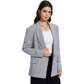 Women's Oversized Houndstooth Blazer - Double-Breasted Plaid Suit Jacket with Pockets Business Blazer Work Outfits