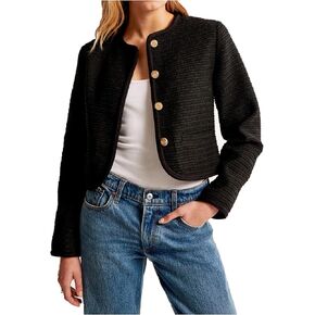 Women's Tweed Jackets 2024 Fall Long Sleeve Crew Neck Button Down Cropped Jacket Coat with Pockets
