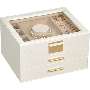 Jewelry Box for Women, Glass Lid Jewelry Organizer Box with 3 Drawers for Earrings Necklaces Rings Bracelets, Modern Style, Jewelry Storage, Birthday Christmas Gifts for Women, Cloud White