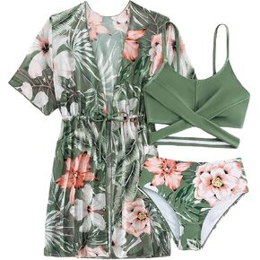MakeMeChic Girl's 3 Piece Bathing Suits Cute Floral Bikini Swimsuit with Cover Up Pink and Green Army Green 10Y